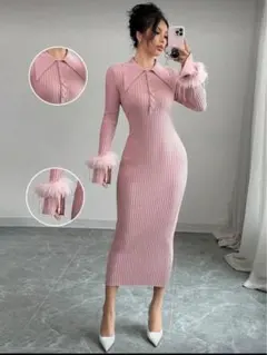 ピンクリブニットワンピース 長袖