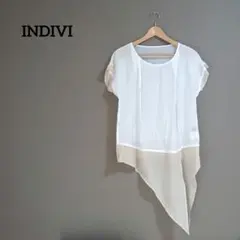​インディヴィ ブラウス M 白 アシメ 異素材 フレンチスリーブ 体型カバーのサムネイル