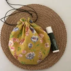 まんまる巾着◉花柄マスタード　イエロー
