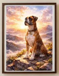 【水彩画アート】山岳の朝焼けを背に佇むボクサー犬 2L版写真用紙