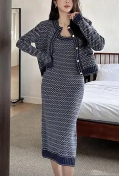 ツイード風ボーダーニット／ジャケット×ノースリーブワンピース／ネイビー／M