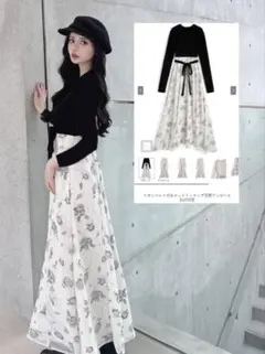 GRL リボンベルト付きニットドッキング花柄ワンピース ブラック