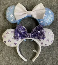 ディズニー　カチューシャ　スパンコール　ハート　水色　白　パープル　リボン　２つ