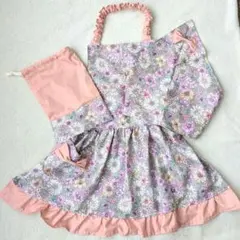 子供★エプロン　三角巾　ポーチ(スミレグレー130㎝前後)キッズハンドメイド