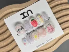 509.現品ネイルチップ　淡パステルラメらくがき立体ハート人気designネイル
