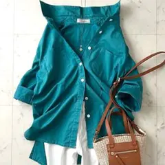 美品＊レリアン コットン7分袖シャツブラウス 9号 M ブルーグリーン系 日本製