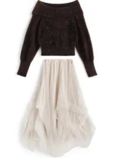 オフショルシャギーニットトップス×チュールスカートセットアップ[ru1201]