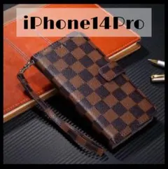チェック柄 手帳型 iPhoneケース iPhone14Pro ブラウン