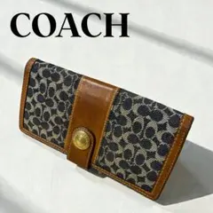 COACH コーチ　シグネチャ－長財布 ネイビーとブラウン レザー&キャンバス地