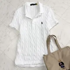 現行【ラルフローレン】ケーブルポロニット 半袖　サマーニット　ポニー刺繍　白　L