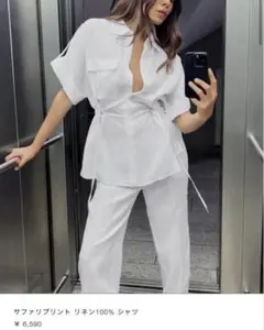 ZARA リネン100%サファリシャツプリント シャツSサイズのサムネイル