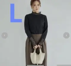 新品　田中里奈　袖襟レースリブカットソー Lサイズ ブラック