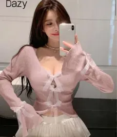 Dazy リボン付き Vネック 長袖ニット