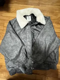 グレー 合成皮革 ジャケット ファー襟