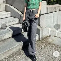 clear　箔プリントダメージストレートデニムパンツS　ブラック◆A210