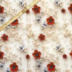 D72　3D立体プリント生地 花柄 赤花白葉 コットン100％生地 輸入生地