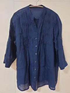 薄手シャツ カットソー 麻100% 羽織り ネイビー Mサイズ