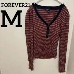 FOREVER21【M】レッド ストライプ Vネック 長袖Tシャツ カットソー
