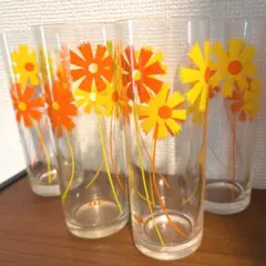 【未使用】昭和レトロ 花柄グラス 4個セット｜ポップなオレンジ＆イエロー