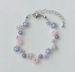#97 【再販】ハンドメイドフラワービーズブレスレット✽ピンクパープルカラー