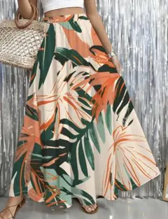 トロピカルリーフプリント マキシスカート L　ビーチ、夏イベント、普段使いに最適