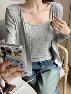 SHEIN Dazy 花柄　グレー カーディガン　アンサンブル