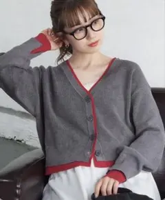 畦編配色Vネックショートカーディガン