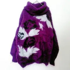 セーター パープル 花柄 タートルネック 長袖 ニット レディース