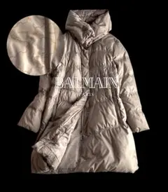 美品 BALMAINバルマン 裏地ロゴ総柄 スタンドカラー ロングダウンコート