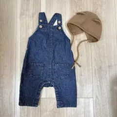 美品　くま２点セット　デニムサロペット & ニット帽　80サイズ　cottoli