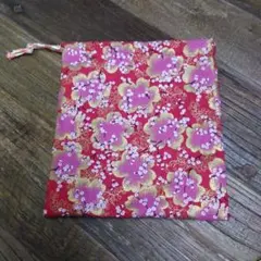 和柄 花柄 赤 巾着袋
