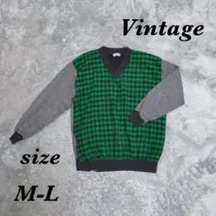 Vintage ヴィンテージ (M-L) 長袖ニット Ｖネック 日本製 チェック