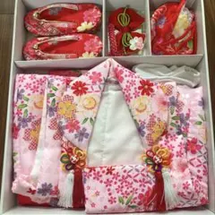 七五三 3歳 女の子 被布セット 赤 かのこ 花柄 カゴバッグ 草履 5点