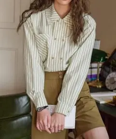 フレンチグリーンダブルブレストストライプシャツ　Vipoa