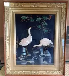 伝統美術工芸 貴石画 宝石画 夫婦鶴 縁起物 美術工芸品 秀宝作