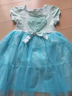 水色 ハート刺繍 リボン付き ワンピース