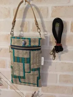 ハンドメイド★帯リメイクスマホショルダーバック／緑