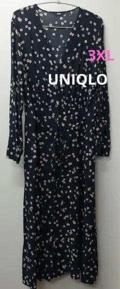 ユニクロプリントVネックフレアワンピース　ブラック　長袖　花柄 ３XL