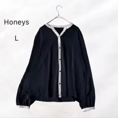 長袖ブラウス 上品 シンプル 前ボタン 仕事 通勤 フォーマル ハニーズ 紺 L