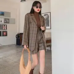 【Dazy】パンツセットアップ ジャケット チェック柄 ブラウン系 春秋 L