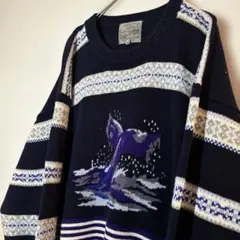 【個性派古着】クジラ柄 総柄　ネイビー ニットセーター　希少　美品　Lサイズ