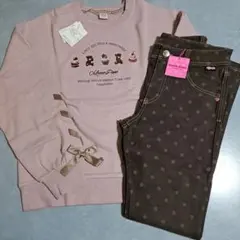 袖レースアップ刺繍入りトレーナーとドット柄ロングパンツ2点セット