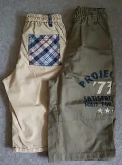 140　ベージュ　カーキ　チェック柄ポケット ハーフパンツ　セット