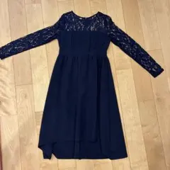 Doula ネイビー 結婚式　パーティドレスレース　長袖ワンピース M