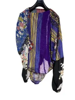 正絹　アンティーク着物　リメイク パッチワーク　変形　ギャザー長袖ブラウス