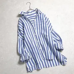 美品　レリューム【洗える】リネンストライプシャツ　ブルー白　麻100%　羽織り
