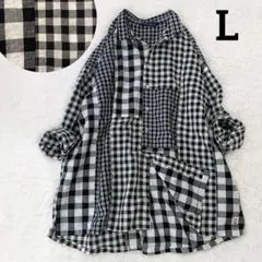 ドラッグストアーズ ギンガム チェック シャツ ブラウス パッチワーク L