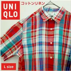 UNIQLO ユニクロ チェック柄 半袖シャツ コットンリネン混紡 Lサイズ