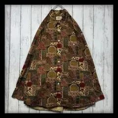 【VINTAGE☆総柄シャツ】長袖☆レトロ☆アート☆幾何学☆ブラウン系　L