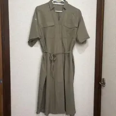 KBF カーキ シャツワンピース 半袖 ウエストリボン付き